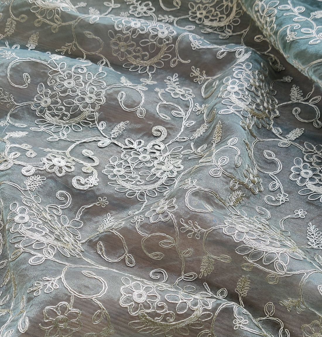 Olive Green Floral With Golden Pitta Work Organza Fabric (Wholesale)