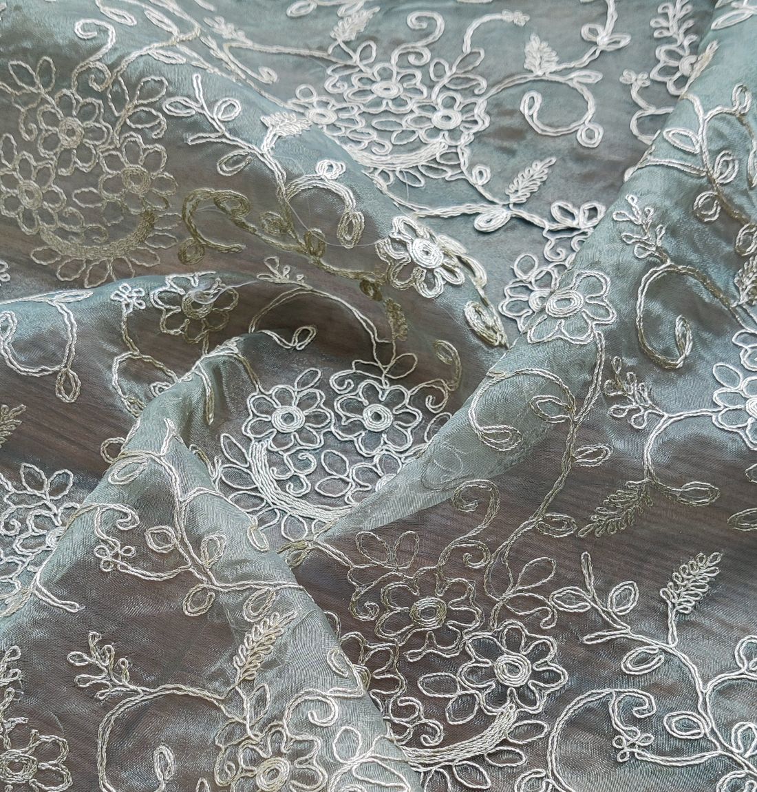 Olive Green Floral With Golden Pitta Work Organza Fabric (Wholesale)