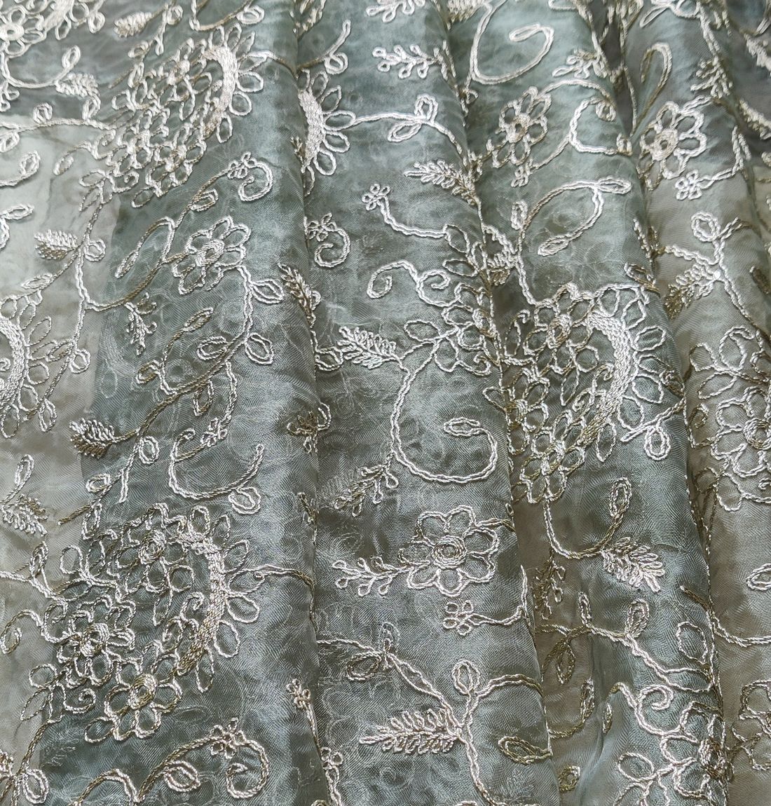 Olive Green Floral With Golden Pitta Work Organza Fabric (Wholesale)