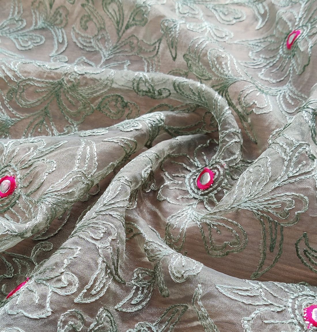 Olive Green Floral Embroidered  With Faux Mirror Work Organza Fabric (Wholesale)