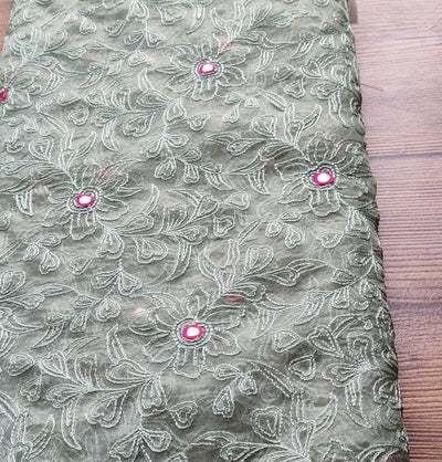 Green Floral Embroidered Faux Mirror Organza  Fabric