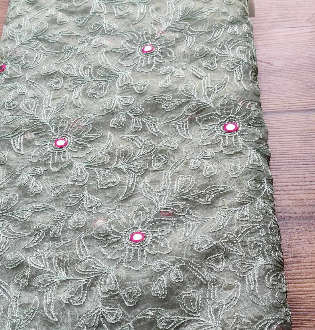 Olive Green Floral Embroidered  With Faux Mirror Work Organza Fabric (Wholesale)