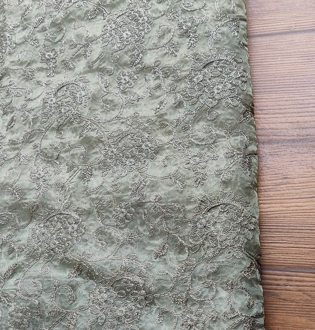 Olive Green Floral Self Embroidered Organza Fabric (Wholesale)