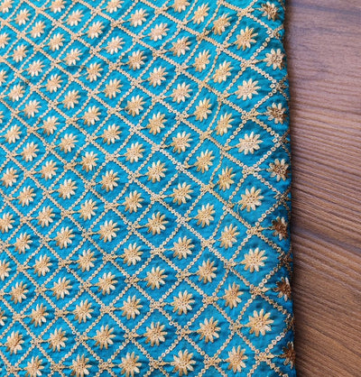 Peacock Blue Traditional Sequins & Zardozi Silk Glass Tissue Fabric