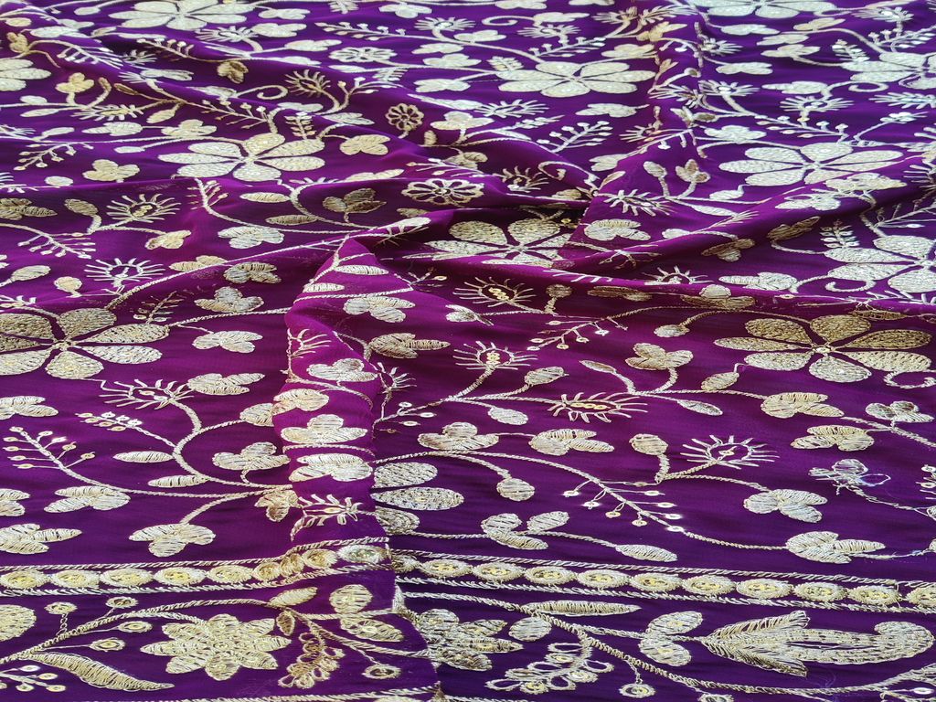 Dark Purple Floral Zardozi & Sequins Georgette Fabric