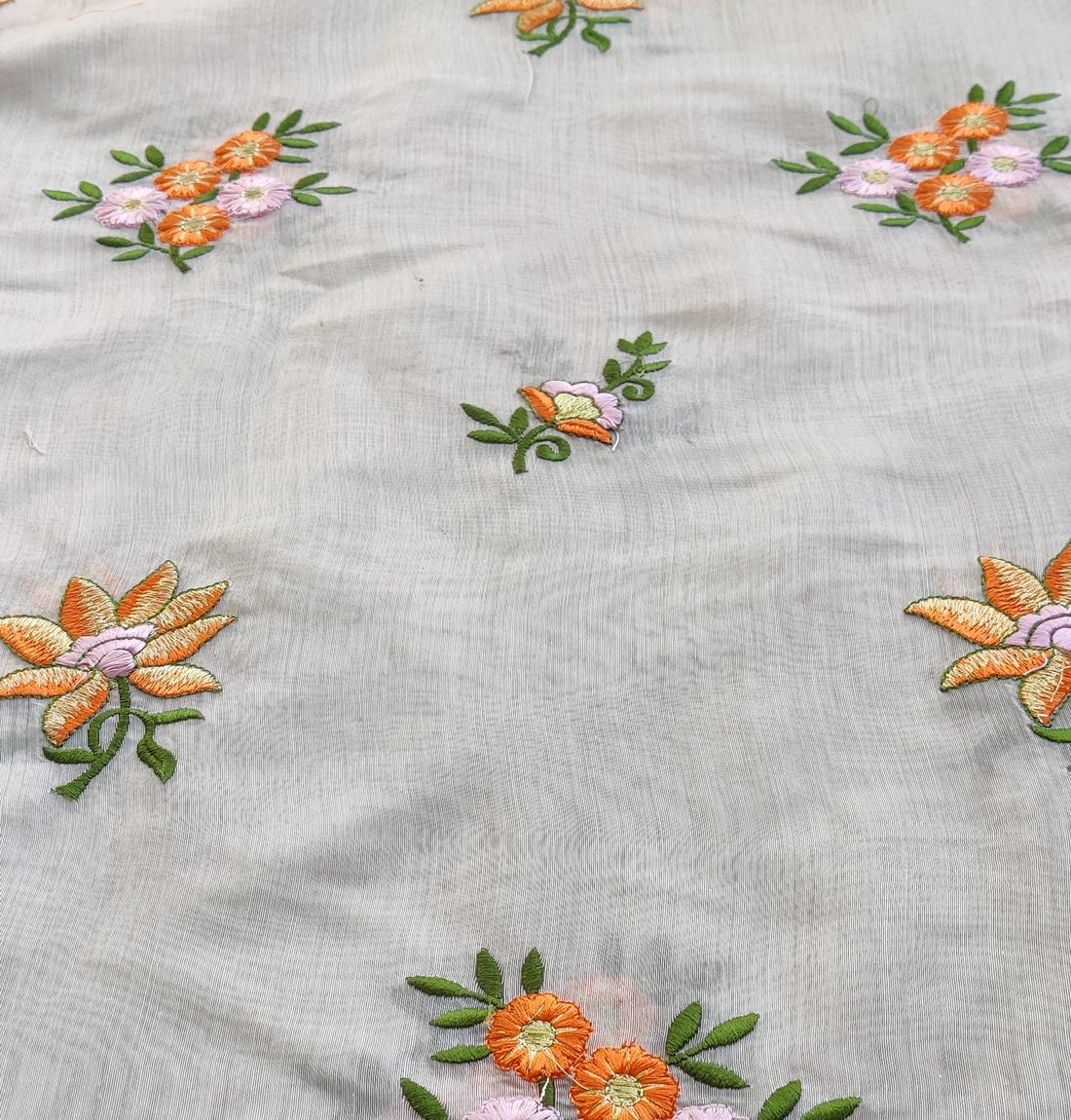 White Floral Embroidered Chanderi Fabric