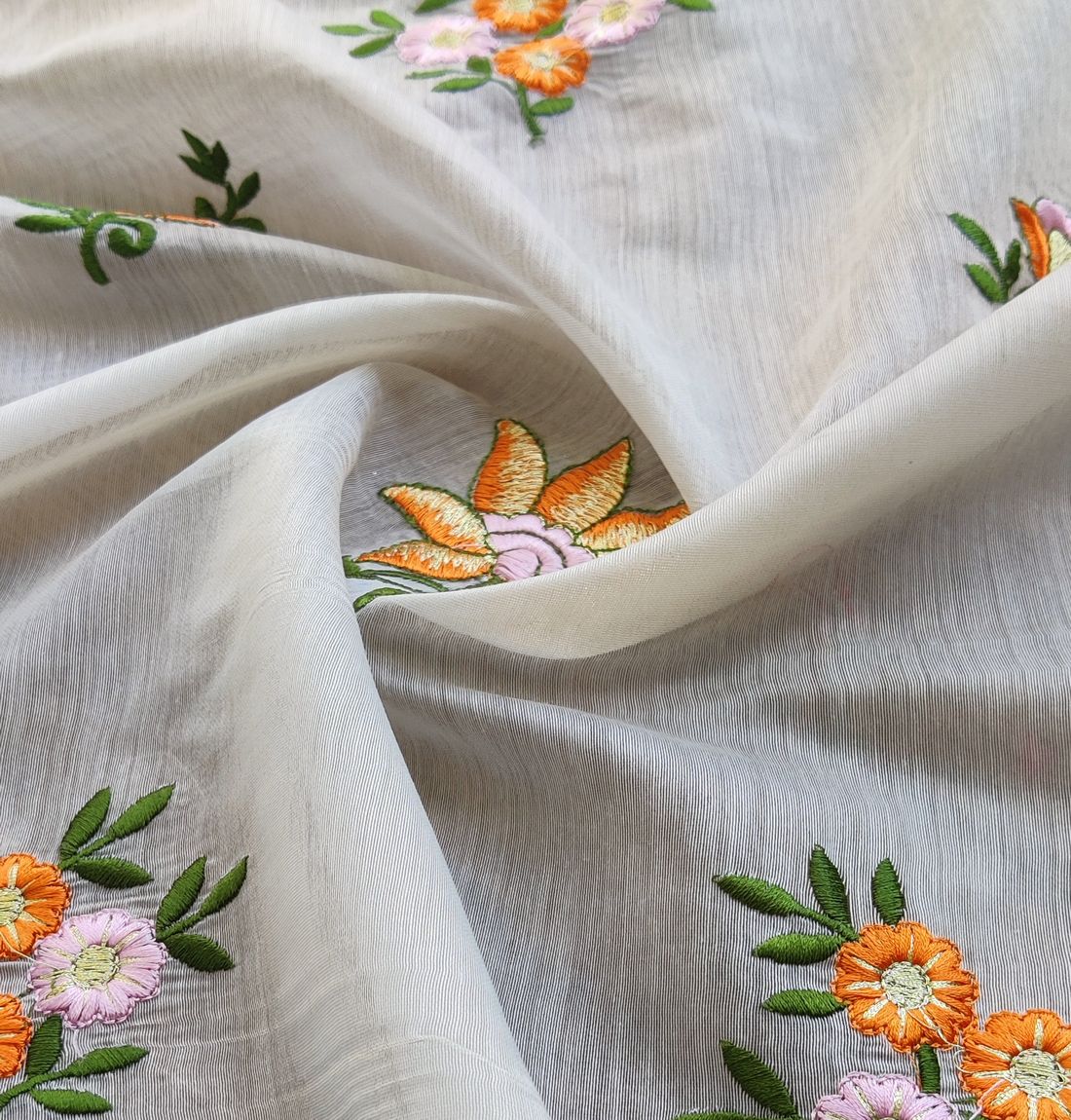 White Floral Embroidered Chanderi Fabric