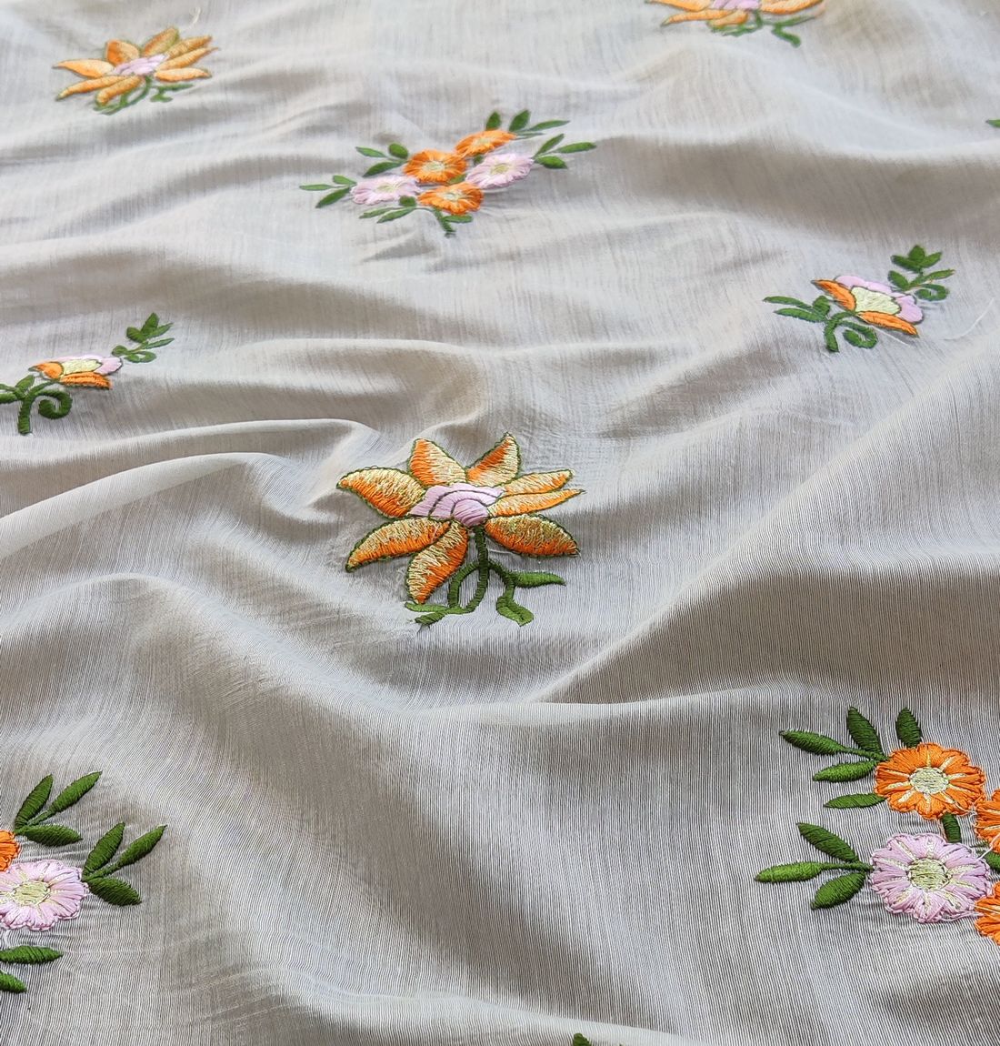 White Floral Embroidered Chanderi Fabric