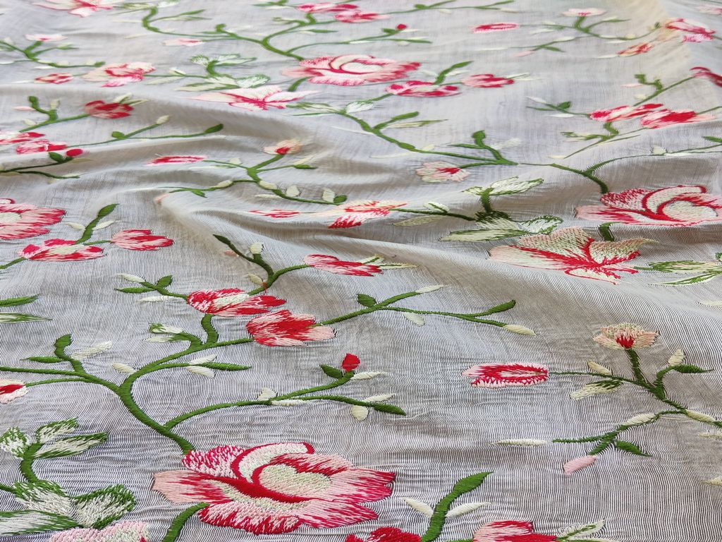 White Floral Embroidered Chanderi Fabric