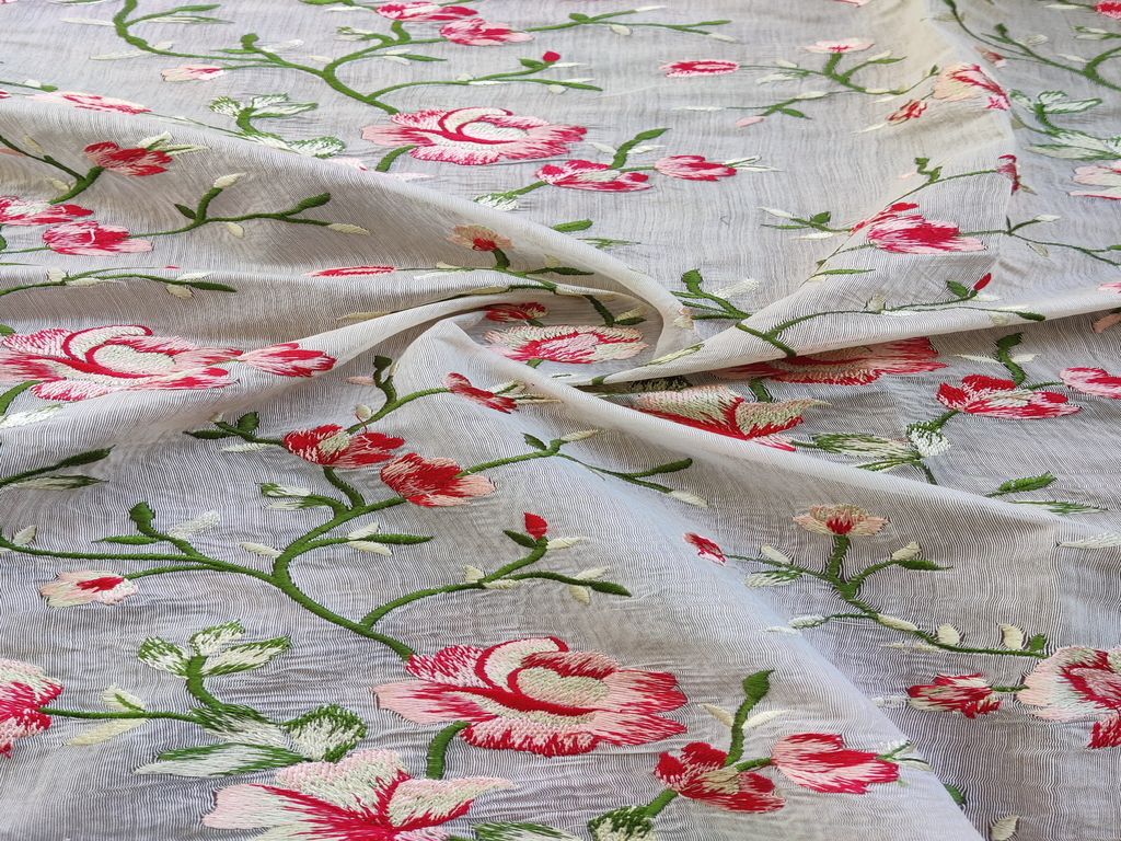 White Floral Embroidered Chanderi Fabric