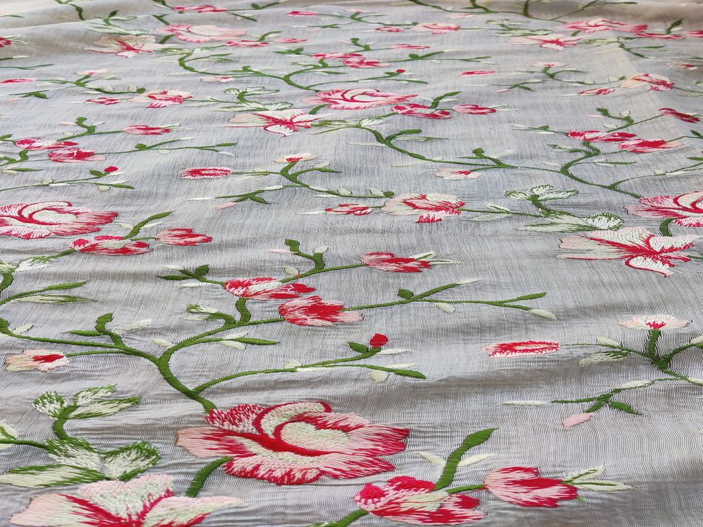 White Floral Embroidered Chanderi Fabric