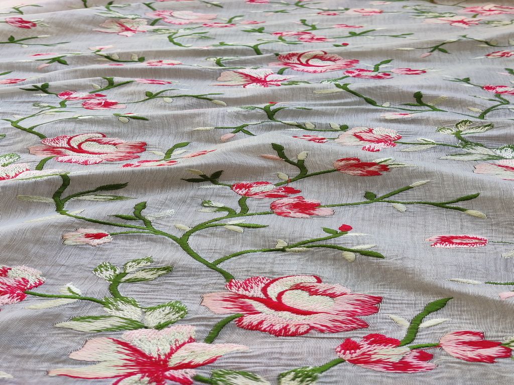 White Floral Embroidered Chanderi Fabric