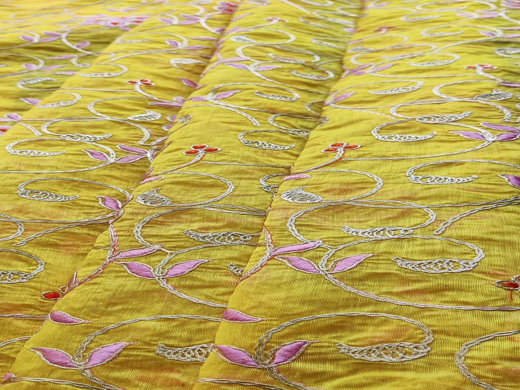 Yellow Floral Embroidered Chanderi Fabric