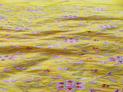 Yellow Floral Embroidered Chanderi Fabric