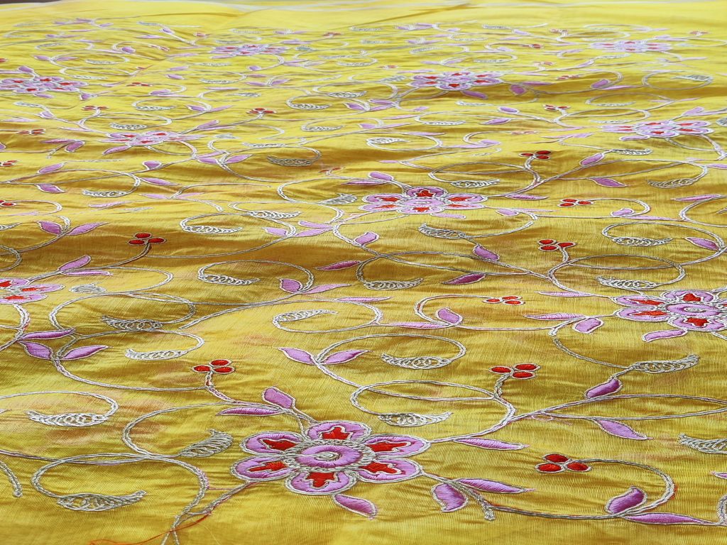 Yellow Floral Embroidered Chanderi Fabric