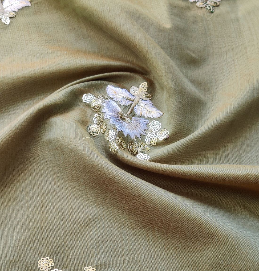 Olive Green Motifs Sequins Chanderi Fabric