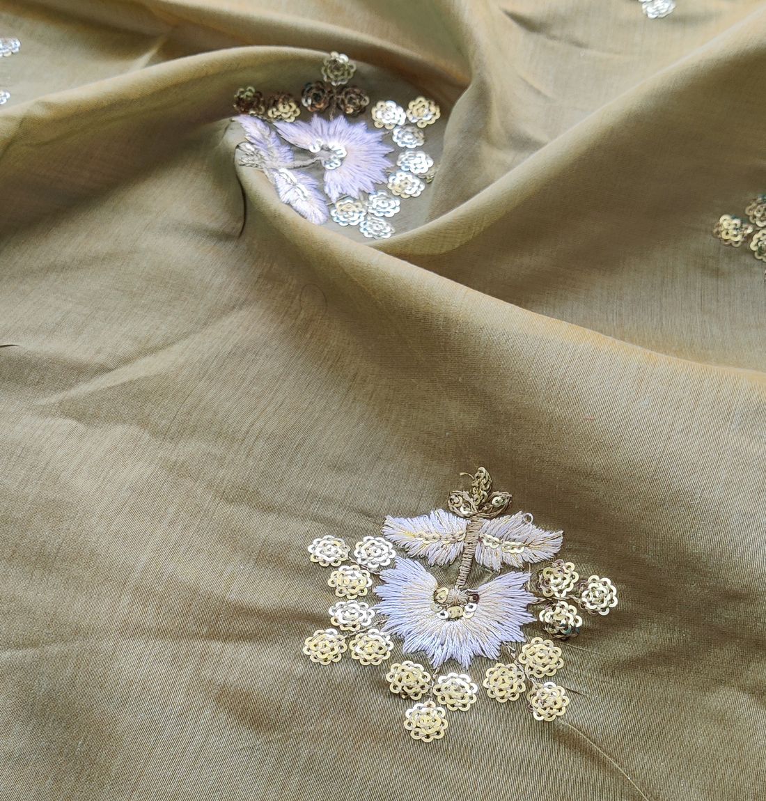 Olive Green Motifs With Sequins Wrok Chanderi Fabric(Wholesale)