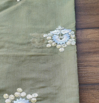 Olive Green Motifs Sequins Chanderi Fabric