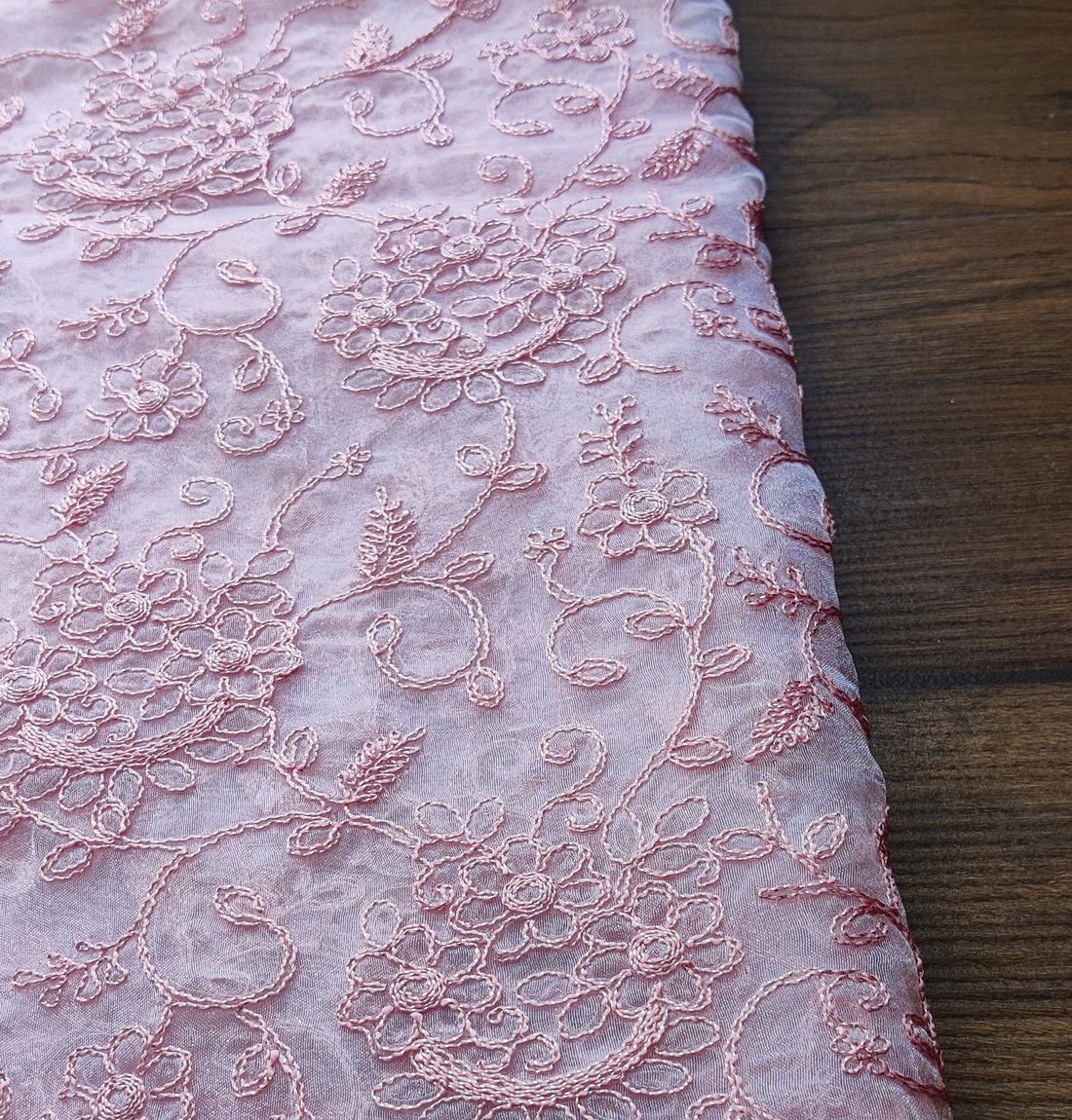 Baby Pink Floral Embroidery Organza Fabric (Wholesale)