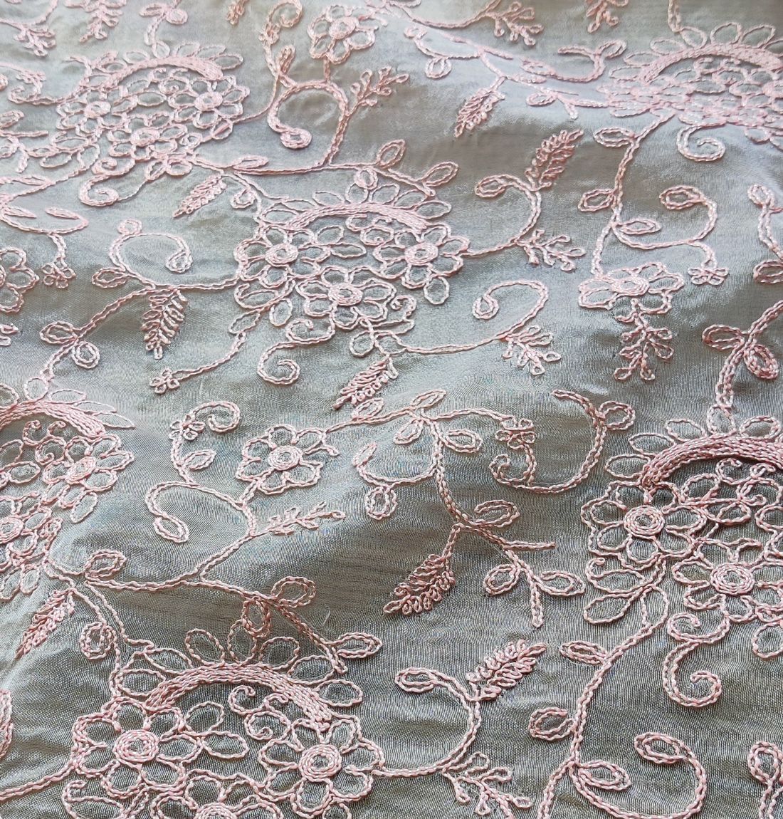 Baby Pink Floral Embroidery Organza Fabric (Wholesale)