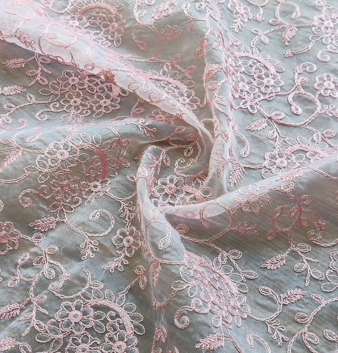 Baby Pink Floral Embroidery Organza Fabric (Wholesale)