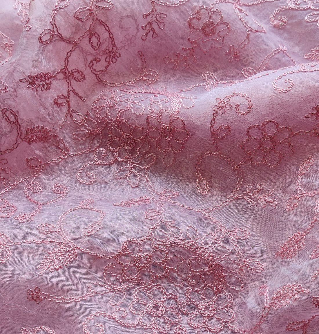 Baby Pink Floral Embroidery Organza Fabric (Wholesale)