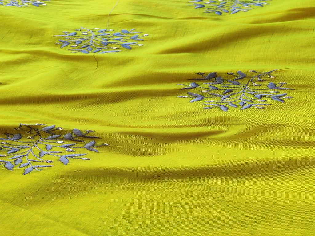 Chartruse Green Motifs Thread Embroidered Chanderi Fabric