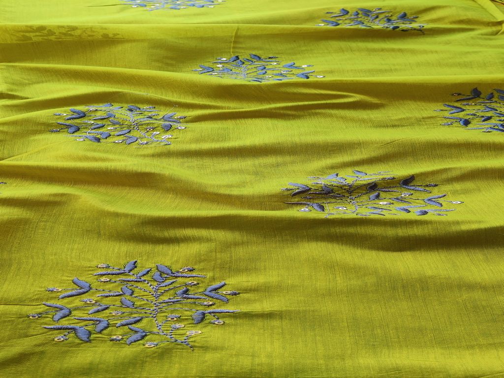 Chartruse Green Motifs Thread Embroidered Chanderi Fabric