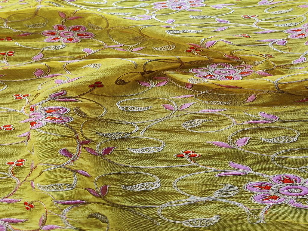 Yellow Floral Embroidered Chanderi Fabric