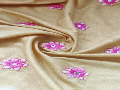 Yellow Floral Thread & Zardozi Linen Fabric