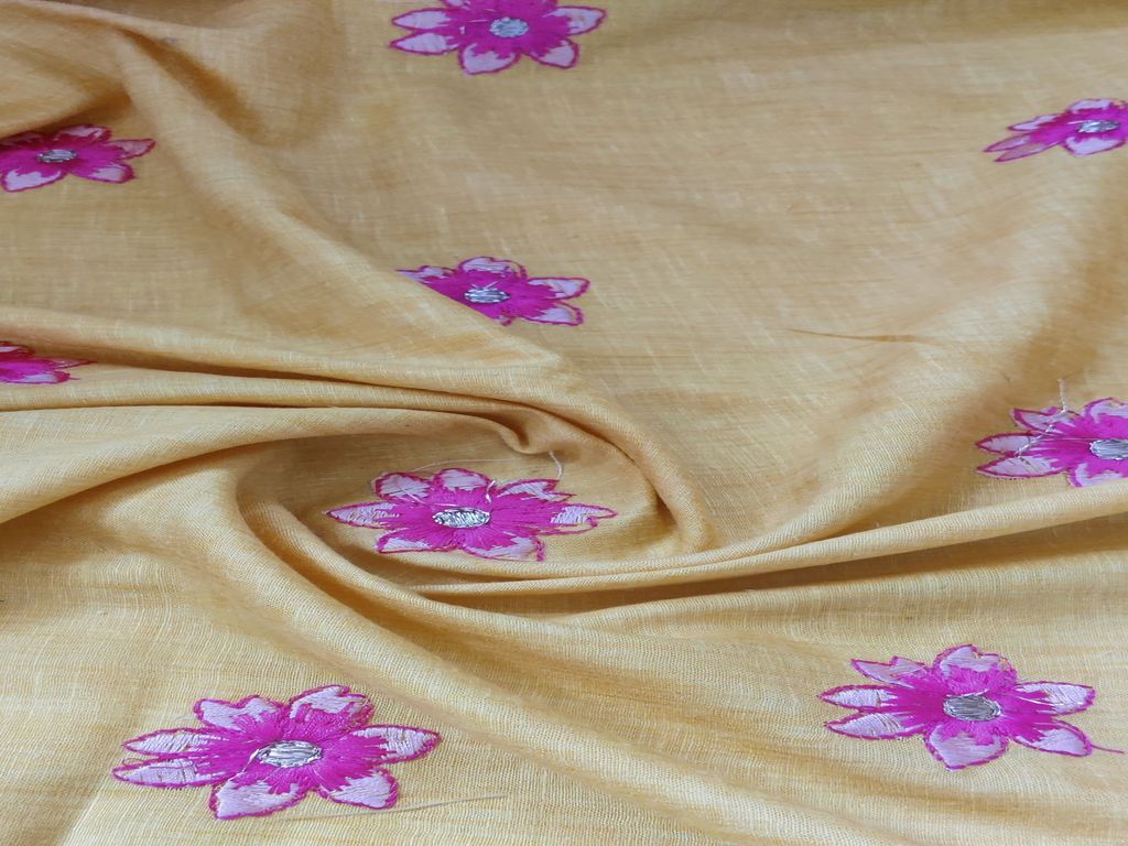 Yellow Floral Thread & Zardozi Linen Fabric