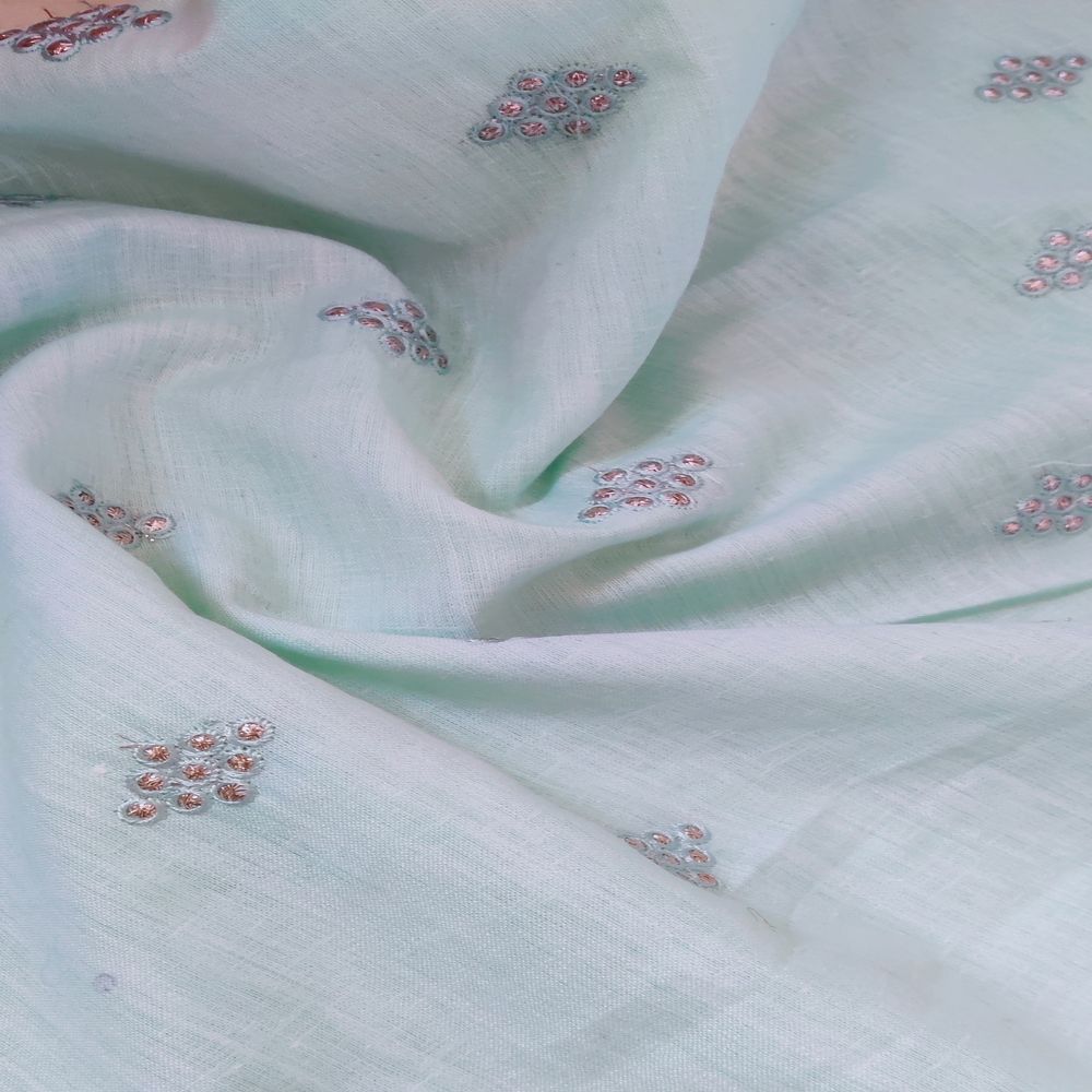 Light Mint Green Motifs Embroidered Zardozi Linen Fabric