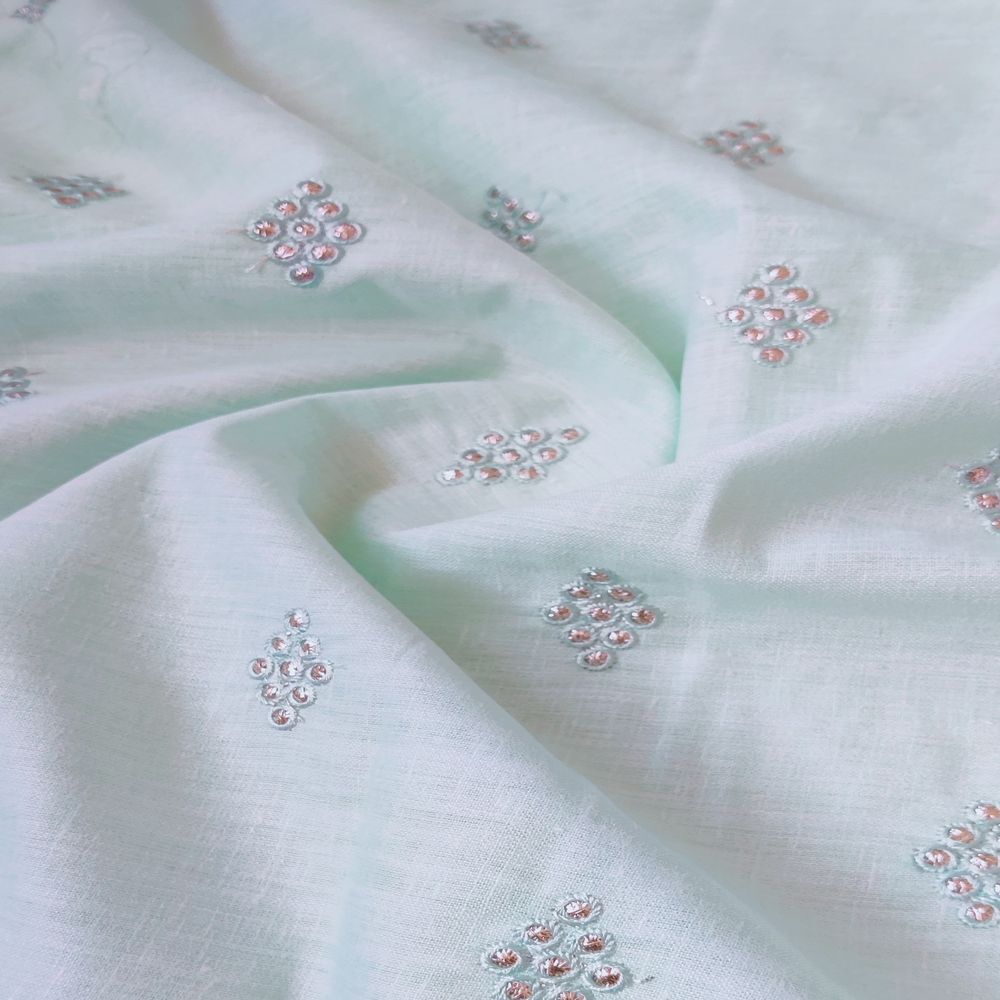 Light Mint Green Motifs Embroidered Zardozi Linen Fabric