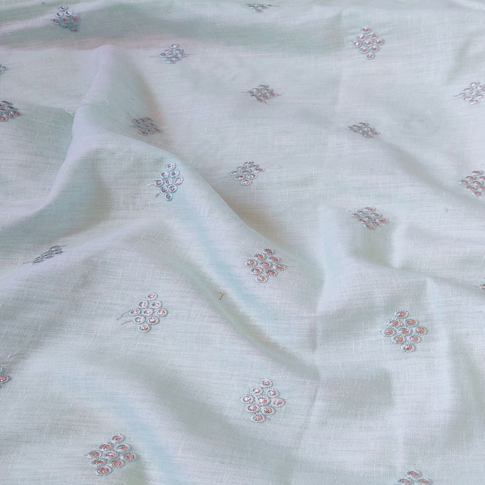 Light Mint Green Motifs Embroidered Zardozi Linen Fabric