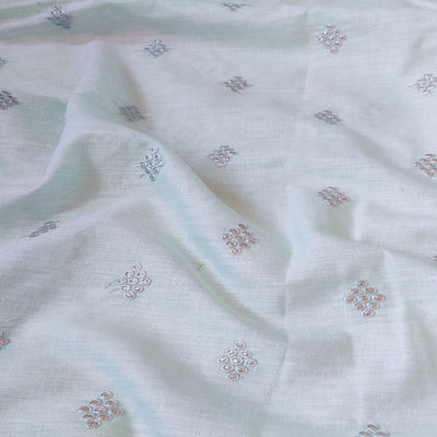 Light Mint Green Motifs Embroidered Zardozi Linen Fabric