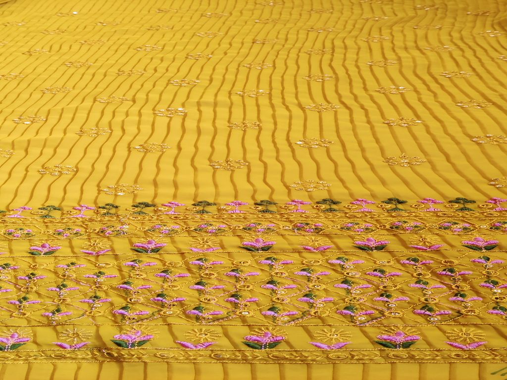 Mustard Floral Pleated Embroidered Georgette Fabric(Wholesale)