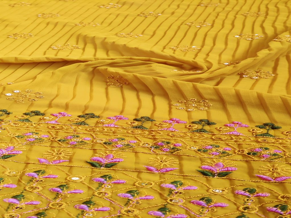 Mustard Floral Pleated Embroidered Georgette Fabric(Wholesale)