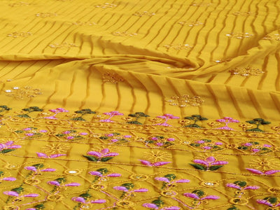 Mustard Traditional Pleated Thread & Sequins Embroidered Daaman Georgette Fabric