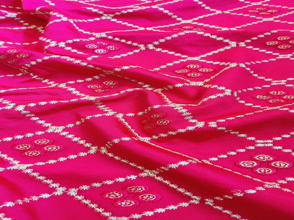 Bright Pink Traditional Thread & Sequins Taffeta Silk Fabric