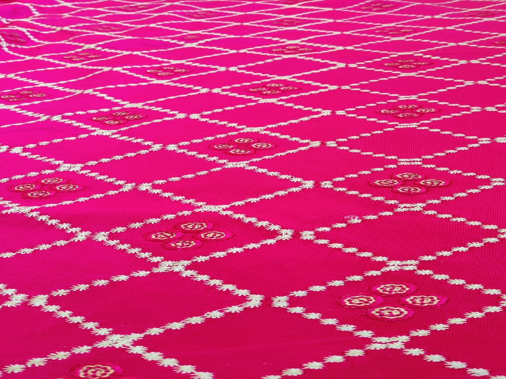 Bright Pink Traditional Thread & Sequins Taffeta Silk Fabric