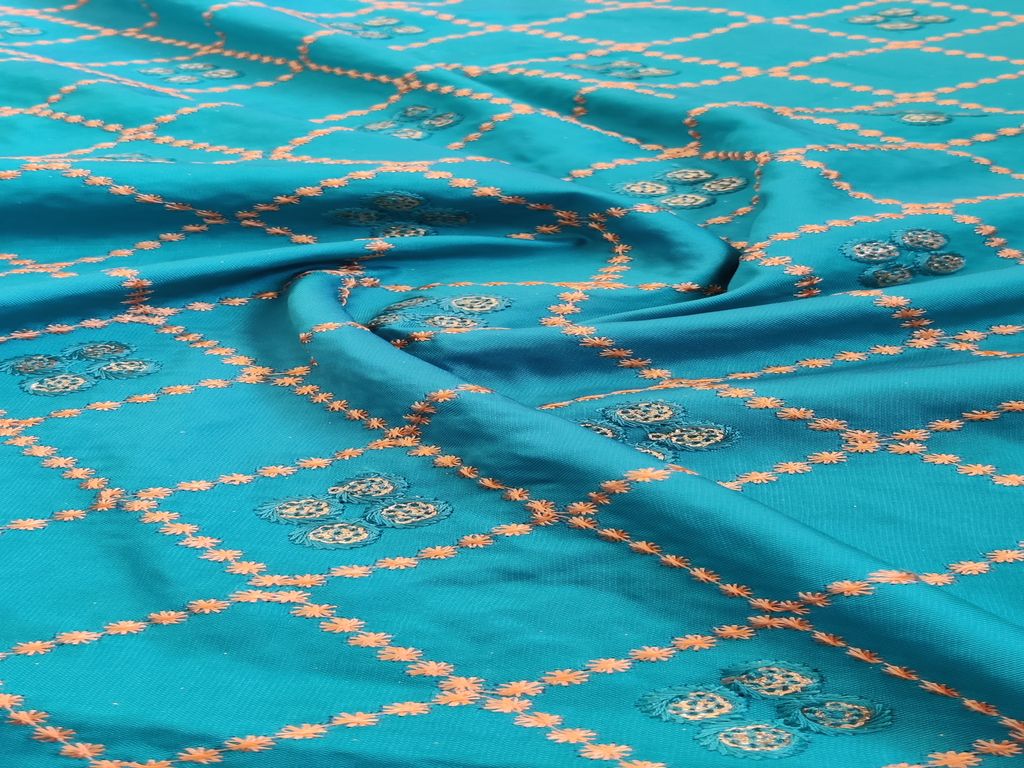 Firozi Traditional Thread & Sequins Taffeta Silk Fabric