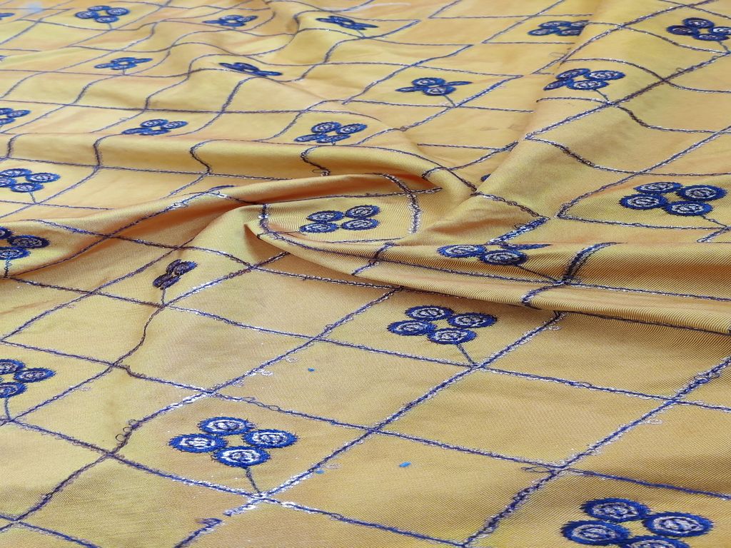 Yellow Traditional Thread & Golden Sequins Taffeta Silk Fabric