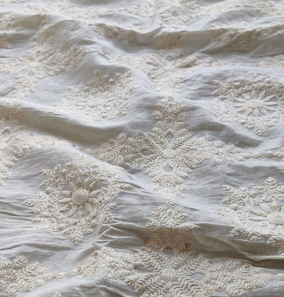 White Traditional Dyeable Embroidered Sequins Cotton Fabric