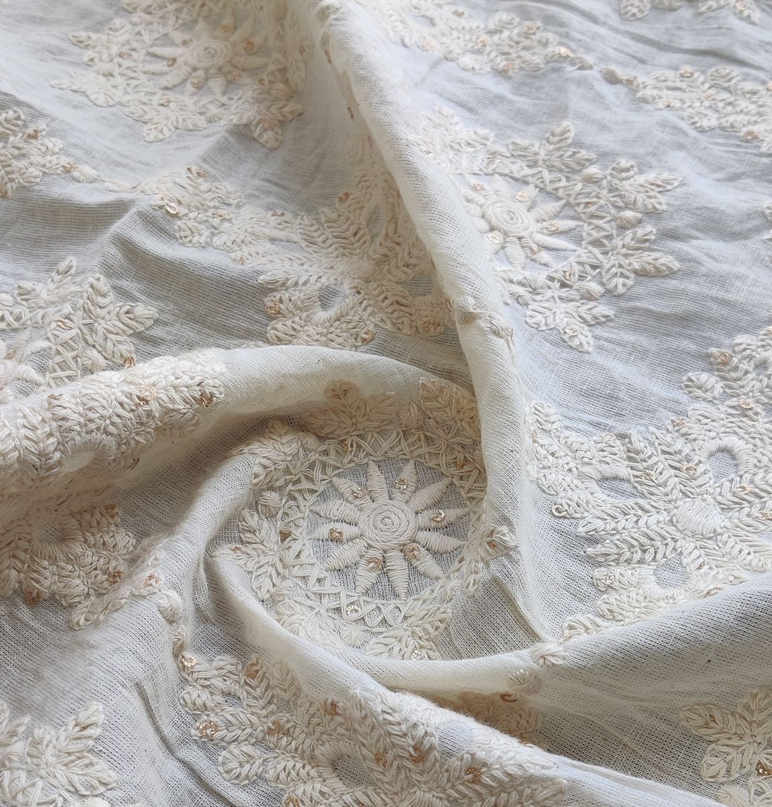 White Traditional Dyeable Embroidered Sequins Cotton Fabric