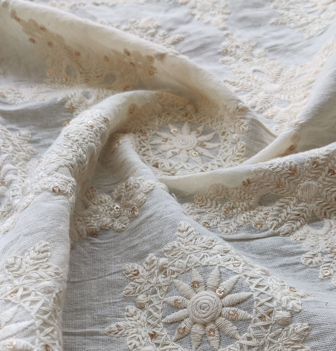 White Traditional Dyeable Embroidered Sequins Cotton Fabric