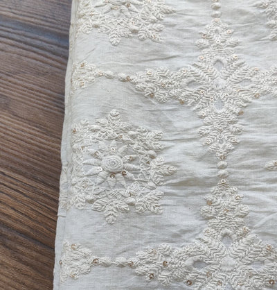 White Traditional Dyeable Embroidered Sequins Cotton Fabric