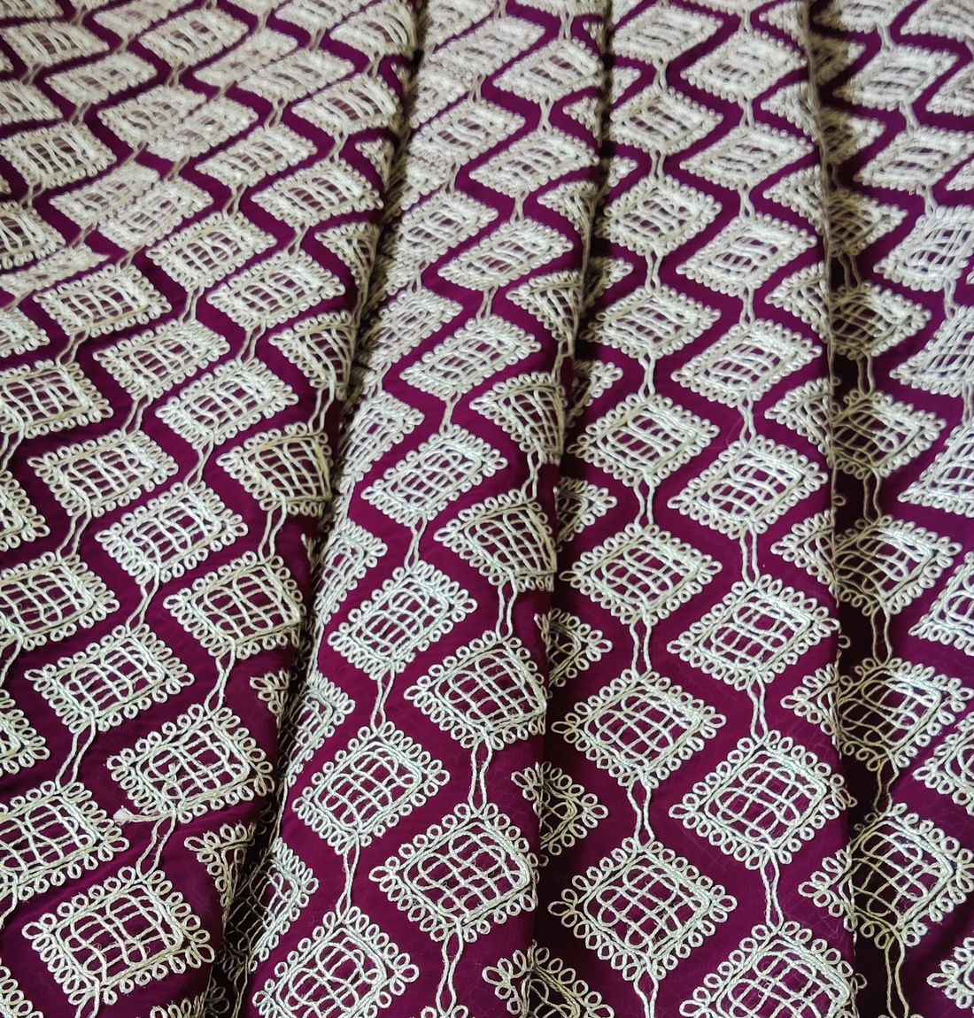 Wine & SIlver Traditional Heavy Dori Embroidered Georgette Fabric