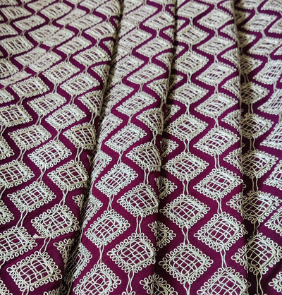 Wine & SIlver Traditional Heavy Dori Embroidered Georgette Fabric