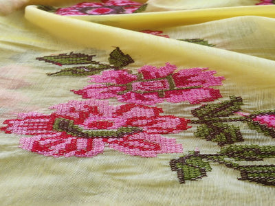 Yellow Floral Cross Stitch Embroidered Chanderi Fabric (Wholesale)