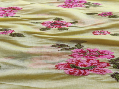 Yellow Floral Cross Stitch Embroidered Chanderi Fabric (Wholesale)